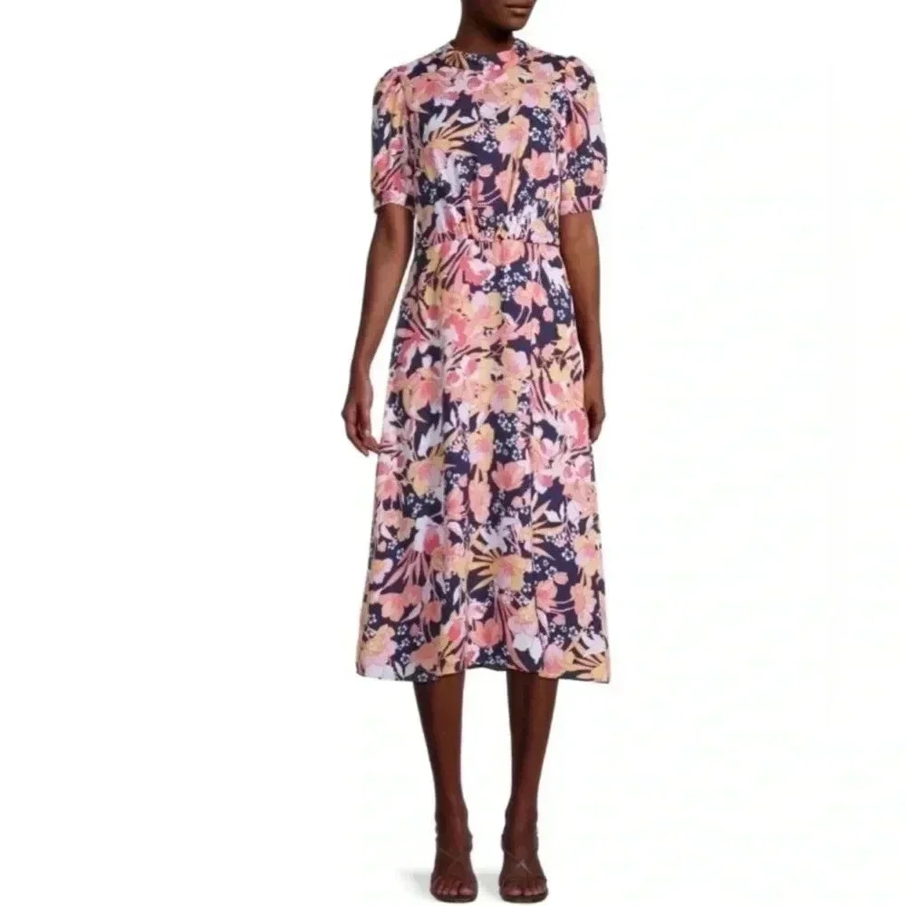 Julia Jordan Floral Puff-Sleeve Navy‎ Blue Short Sleeve Midi Dress Size 4, NWT